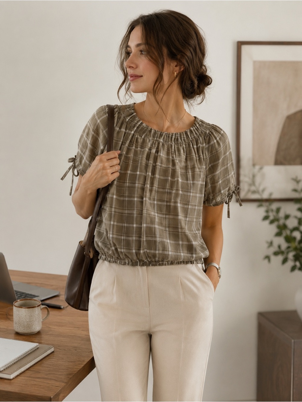 RW&CO. Relaxed Plaid Peasant Top in Olive